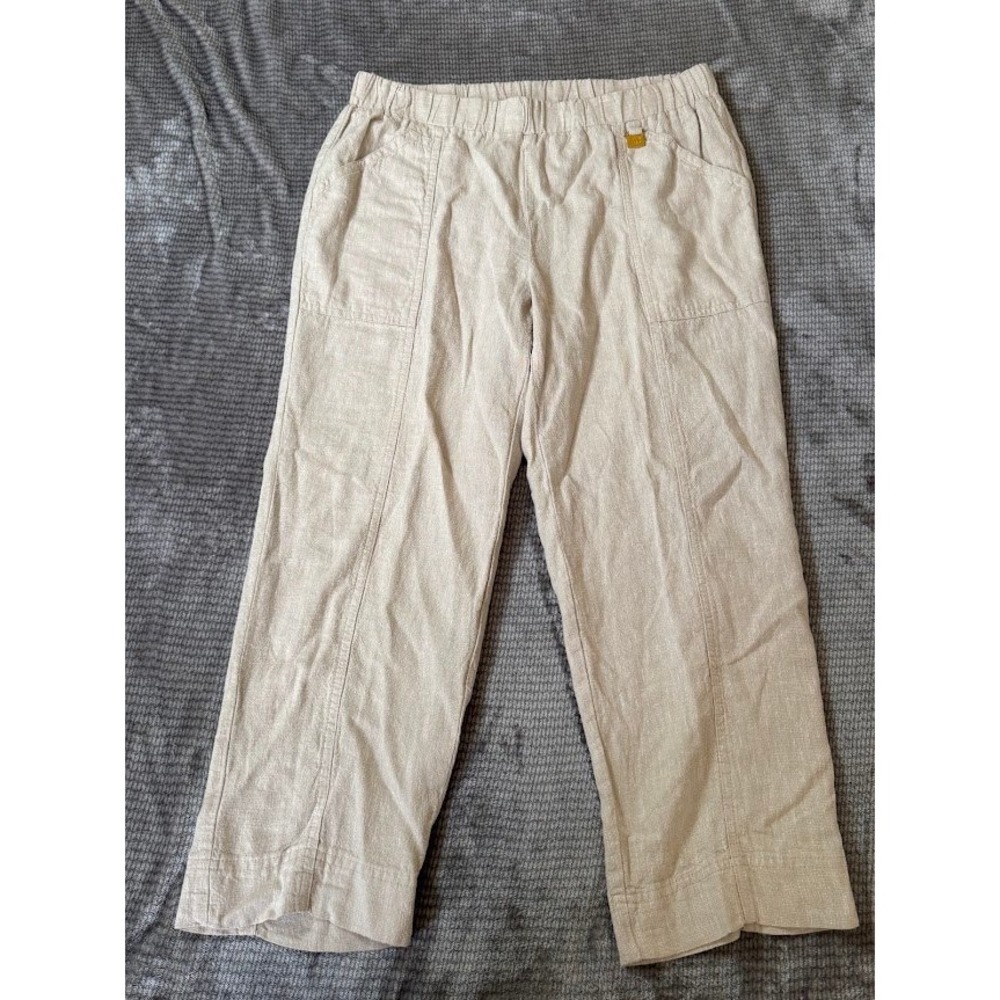 Ellen Tracy Linen Oatmeal Beige Elastic Waist Straight Leg Crop Pants S 30X23